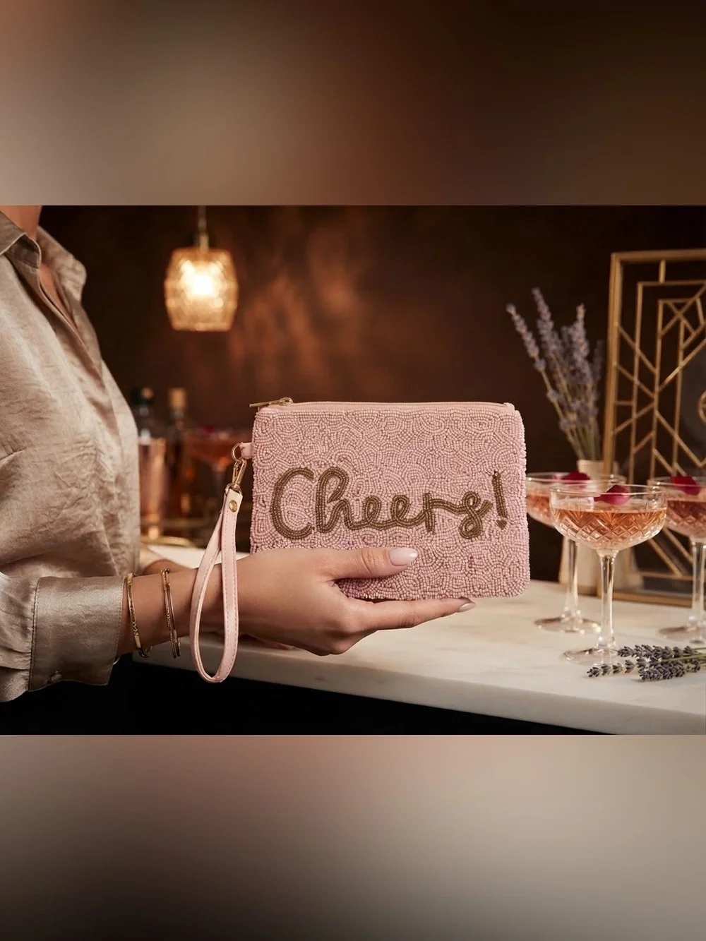 House of Harlow 1960 Pink Beaded 'Cheers' Wristlet Clutch